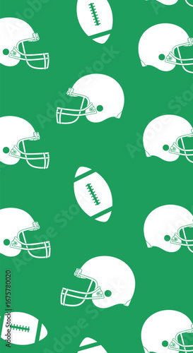 American football helmets and balls on a green background dynamic sports pattern for game day