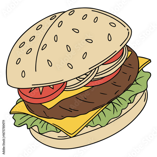 A hamburger with a sesame seed bun, lettuce, tomato slices, onion rings, cheddar cheese, and a beef patty stacked neatly in layers.