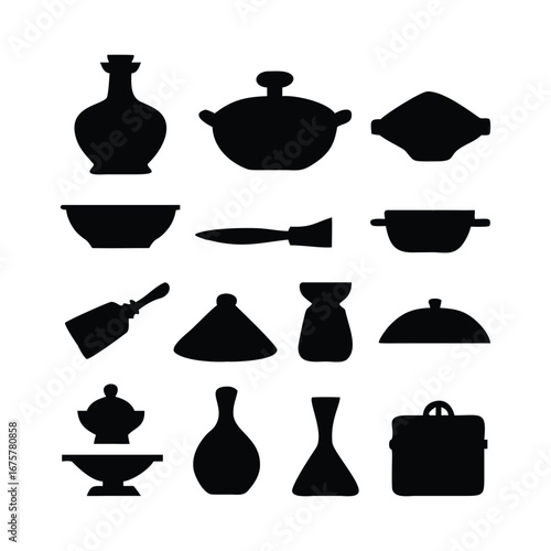 Collection of black kitchenware and serving dish silhouettes on white background