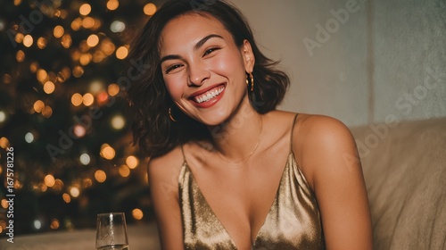 Joyful Celebration: Woman in Gold Dress Smiling with Holiday Spirit by a Christmas Tree