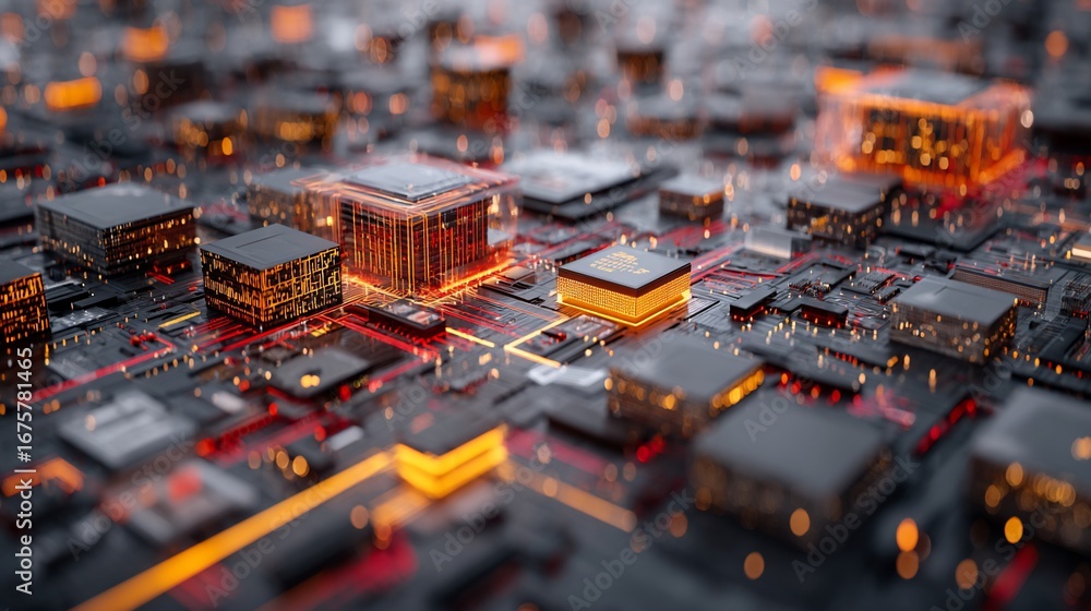 Obraz premium Futuristic Circuit Board with Glowing Orange Elements in Technology Setting