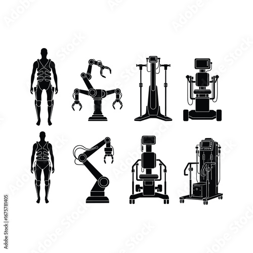Set of physiotherapy robot and medical rehabilitation equipment icons. Vector illustration collection of exoskeleton and therapeutic machine silhouette