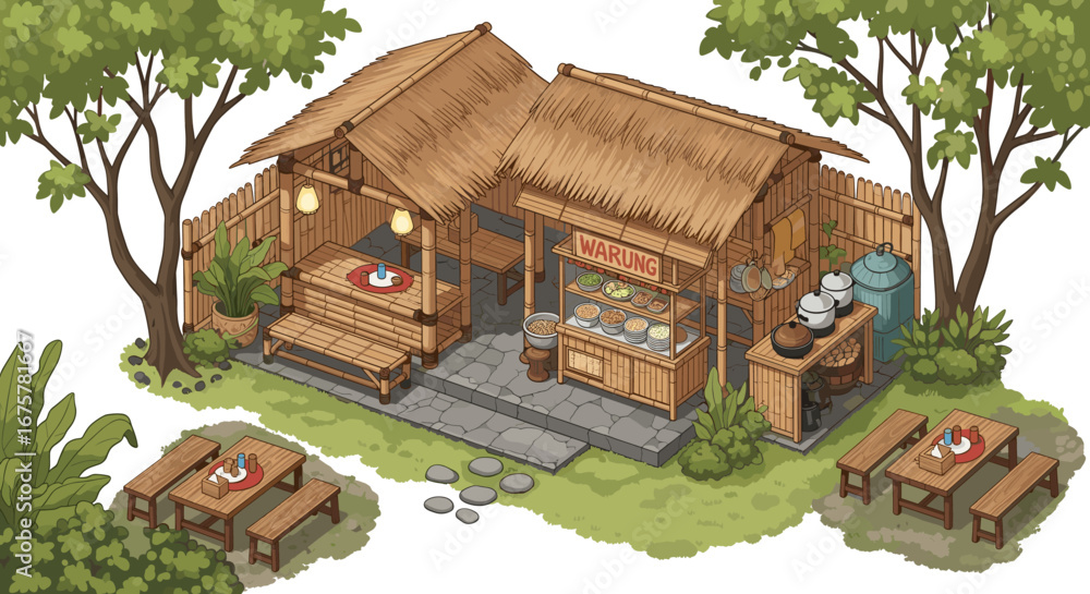 custom made wallpaper toronto digitalAuthentic roadside food stall with bamboo architecture and lush landscaping, charming outdoor dining experience