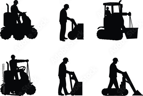 Construction workers silhouettes, heavy machinery, compactor, roller, loader, excavator, industrial, operator, jobsite, safety, training, occupational, equipment, building, vehicle, labor