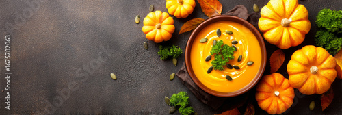 Savor the rich flavors of pumpkin soup topped with herbs, surrounded by vibrant autumn pumpkins, capturing the essence of fall dining and seasonal ingredients, banner