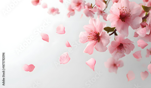 Beautiful sakura flower petals flying on white backgound. Banner design