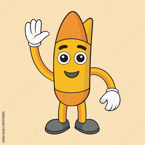 Cartoon Bullet Character Waving Hello A Cheerful Ammunition Mascot with Friendly Expression and Gloves on a Light Orange Background