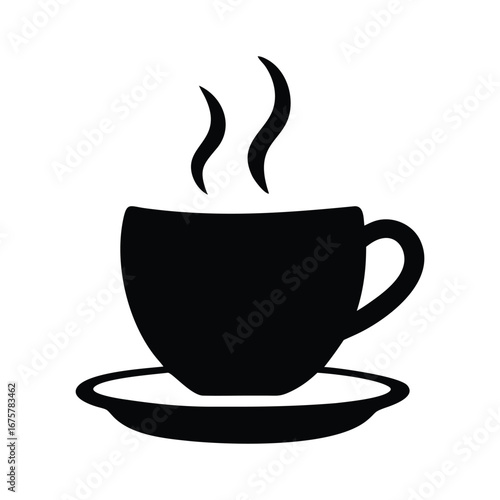 Black silhouette of a steaming coffee cup on a saucer