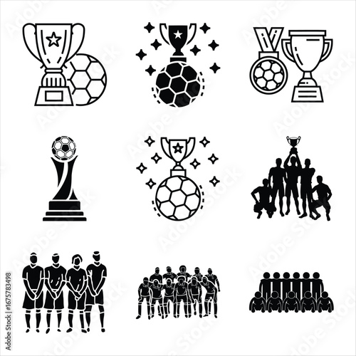 Soccer Championship Awards Ceremony With Trophies And Balls Vector Icons Black And White