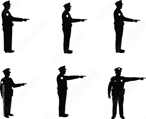 Police officer silhouette illustration, side profile uniformed officer pointing, law enforcement graphic, vector design, black white art