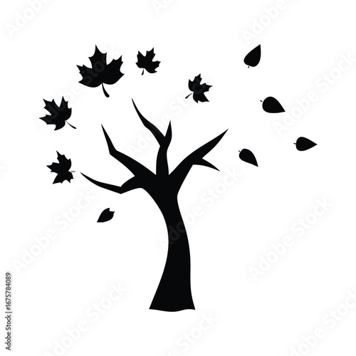 Stylized black silhouette of a tree losing leaves in autumn
