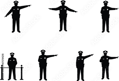 Police officer silhouette poses for signage, security illustration, law enforcement training, crowd control, patrol direction vector set