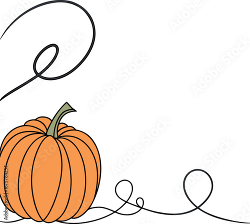 Vector art of single orange pumpkin with vine and leaves
