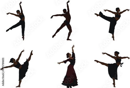 Silhouette, contemporary dance, ballet, flamenco, expressive movement, artistic pose, performance art, cultural dance diversity, graceful choreography