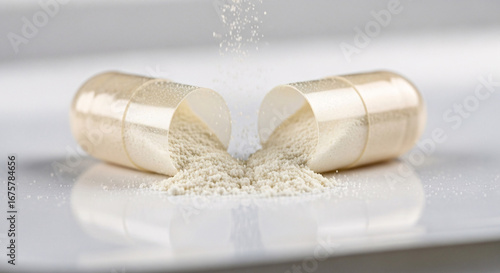 A close-up shot of a light-colored capsule, split open, with fine powder spilling out onto a white surface.