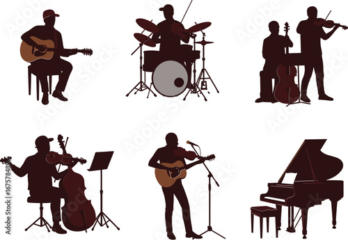 Silhouettes of musicians playing various instruments, highlighting diversity in musical performance and artistic expression on stage