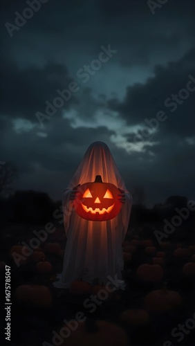 A mysterious ghost figure holding a glowing jack-o'-lantern in a dark, spooky forest on Halloween night.