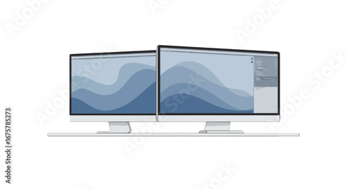 Dual screen monitor setup workstation desktop computer display technology workspace design modern on transparent background