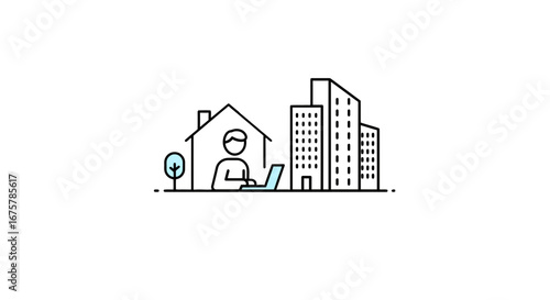 Remote work lifestyle digital nomad home office buildings tree person laptop freelance job opportunity on transparent background