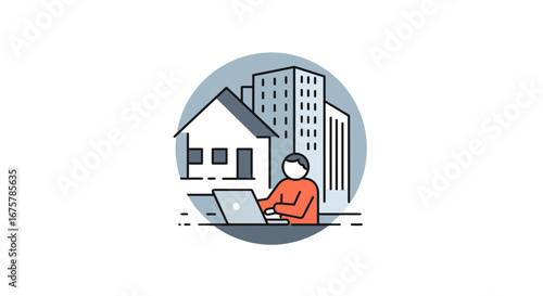 Remote work lifestyle illustration with laptop house and city building vector graphic design on transparent background
