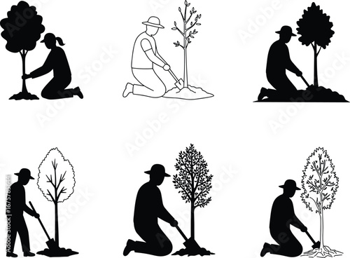 Tree planting silhouette, environmental care, soil work, black illustration, nature conservation, gardening, ecology, sustainability, teamwork 