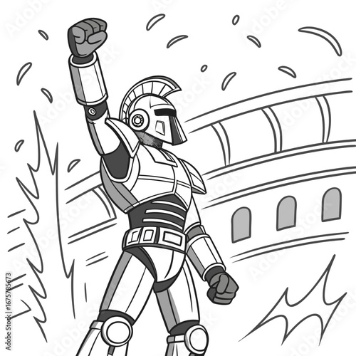 A triumphant gladiator raises his fist in victory in the arena