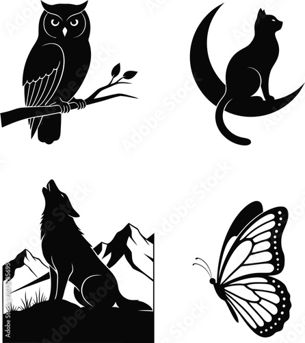 A set of monochrome animal silhouettes including an owl, a cat on the moon, a howling wolf, and a butterfly. A collection of wildlife logos and graphics for nature themes.