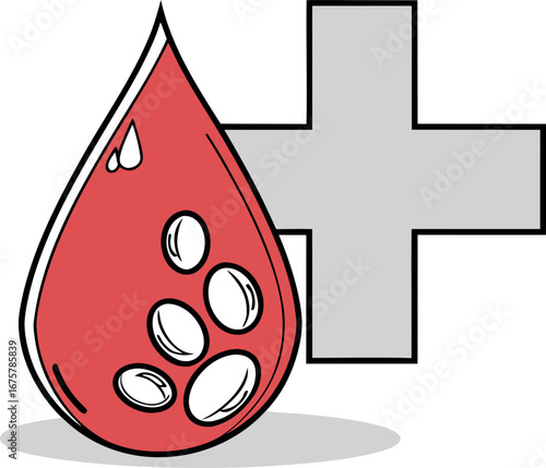 Vector art of blood drop with red blood cells and medical cross symbol
