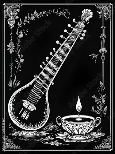 Black and white vector illustration of a veena instrument and oil lamp, symbolizing Indian culture, traditions, and festivities