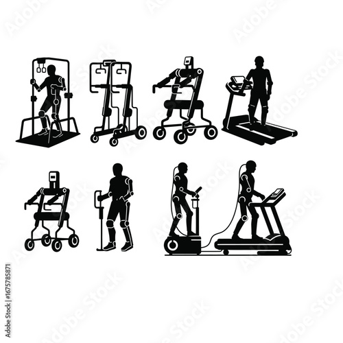 Set of diverse physiotherapy robot and assistive device silhouettes, demonstrating modern rehabilitation technology for therapeutic exercise and patient recovery