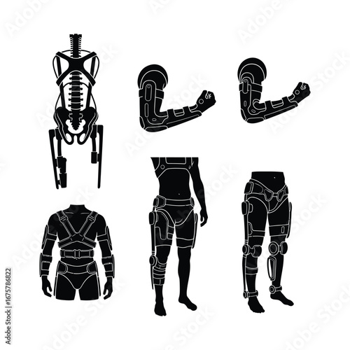 Physiotherapy robot silhouette A detailed illustration showcasing various exoskeleton designs, highlighting the advancements in assistive technology for rehabilitation and mobility