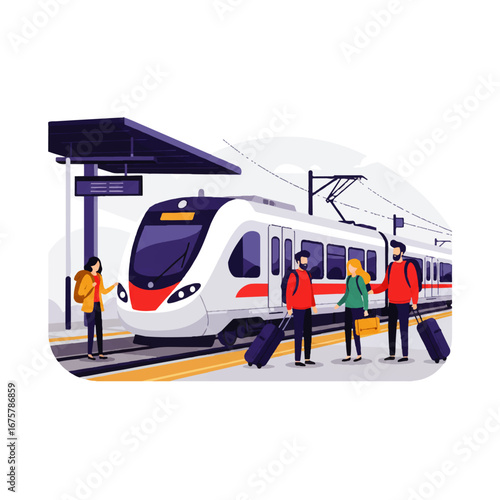 Illustration of people waiting on a train platform with luggage, preparing to board a modern white and red train.