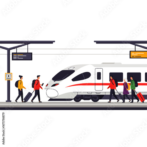 People with luggage boarding a modern high-speed train at a station platform, with overhead signs.