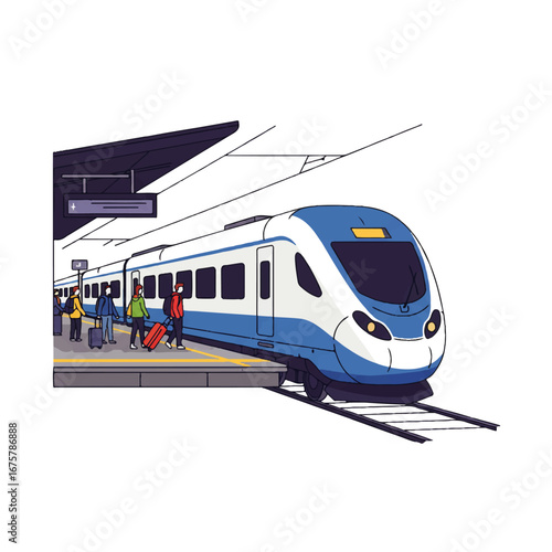 A modern blue and white passenger train at a station platform with people waiting and luggage.