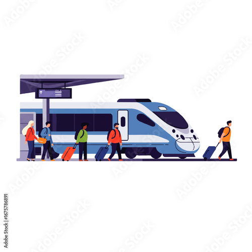 Passengers with luggage boarding a modern blue and white high-speed train at a station platform.