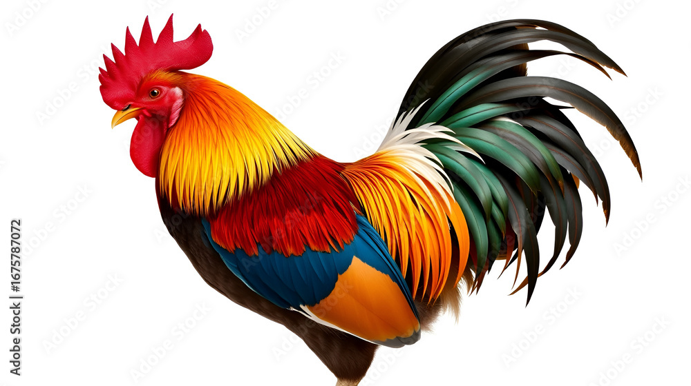 Fototapeta premium Colorful Rooster Side View Isolated on White Background with Intricate Feather Details