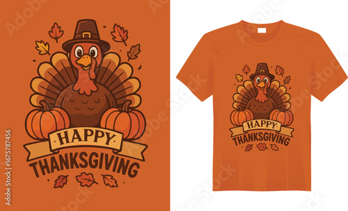 “Festive Thanksgiving t-shirt featuring autumn leaves, pumpkins, and a cheerful turkey with warm seasonal colors, perfect for family gatherings and holiday celebrations.”
