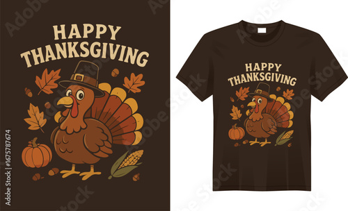 “Festive Thanksgiving t-shirt featuring autumn leaves, pumpkins, and a cheerful turkey with warm seasonal colors, perfect for family gatherings and holiday celebrations.”