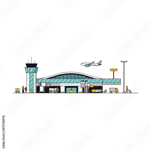 Illustration of an airport terminal with a control tower, airplane taking off, and people arriving and departing.