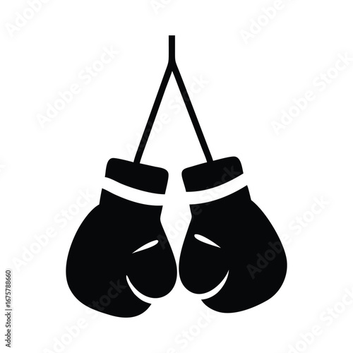 Pair of black boxing gloves hanging together on white background