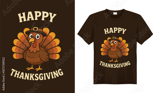 “Festive Thanksgiving t-shirt featuring autumn leaves, pumpkins, and a cheerful turkey with warm seasonal colors, perfect for family gatherings and holiday celebrations.”