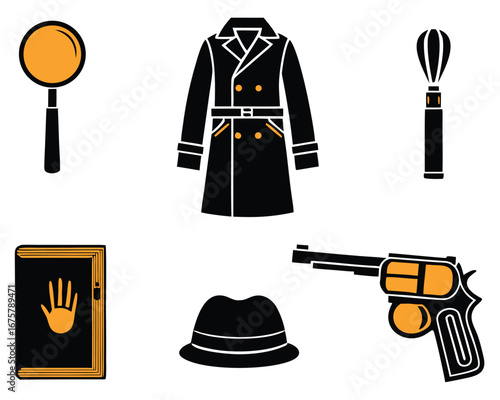 Detective Investigation Toolkit: Magnifying Glass, Trench Coat, Fedora Hat, and Gun Illustration