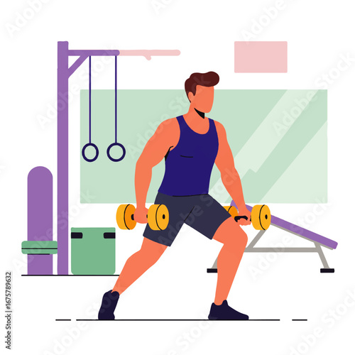 Man in a gym performing lunges with dumbbells, exercising and building strength in a modern fitness setting.