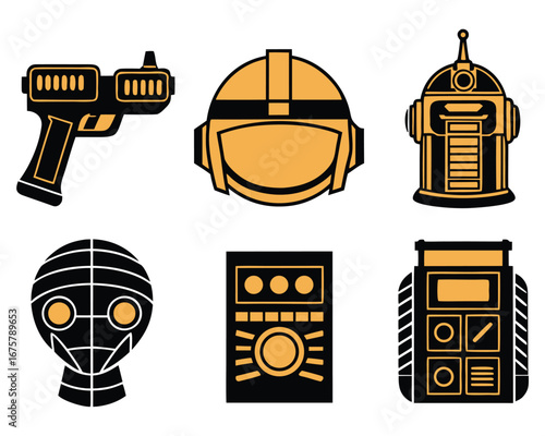 Retro Sci-Fi Robot and Space Exploration Icon Set Vector Illustration Design