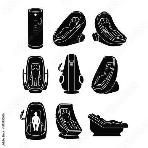 A comprehensive set of physiotherapy robot and wellness capsule icons. Isolated silhouette designs for spa, cryotherapy, and medical technology