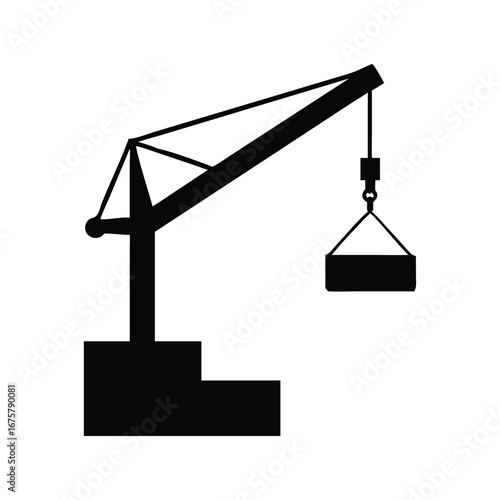 Black silhouette of a construction crane lifting a heavy load