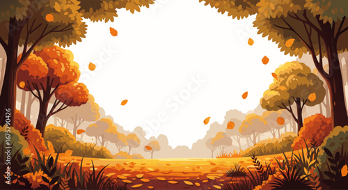 Enchanting autumn forest landscape with golden falling leaves, a vibrant and scenic fall nature vector illustration background for seasonal design