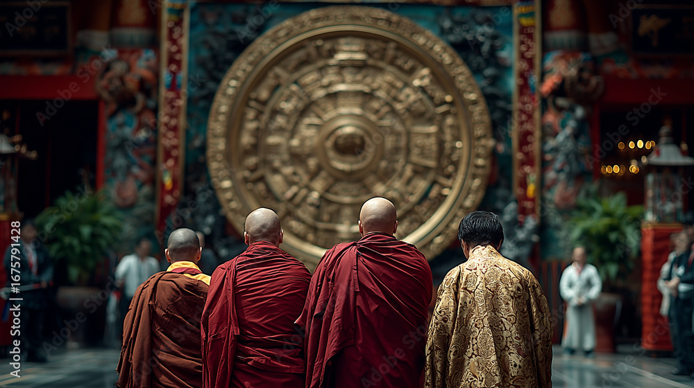 Naklejka premium Buddhist Monks in Traditional Robes Performing Rituals Before Giant Sacred Wheel During Tawang Festival in Arunachal Pradesh Showcasing Spiritual Devotion and Monastic Culture