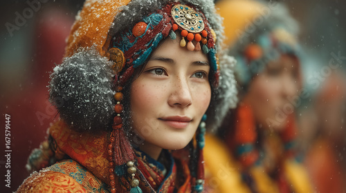 Smiling Woman in Traditional Winter Attire with Decorative Ornaments and Fur Headgear During Tawang Festival Celebration in Snowy Arunachal Pradesh India
