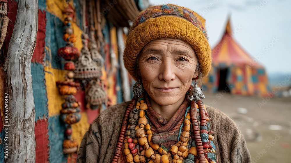 Fototapeta premium Woman in traditional attire with colorful beads at Tawang Festival representing indigenous identity, culture, heritage, and ancestral pride in Arunachal Pradesh India celebration.